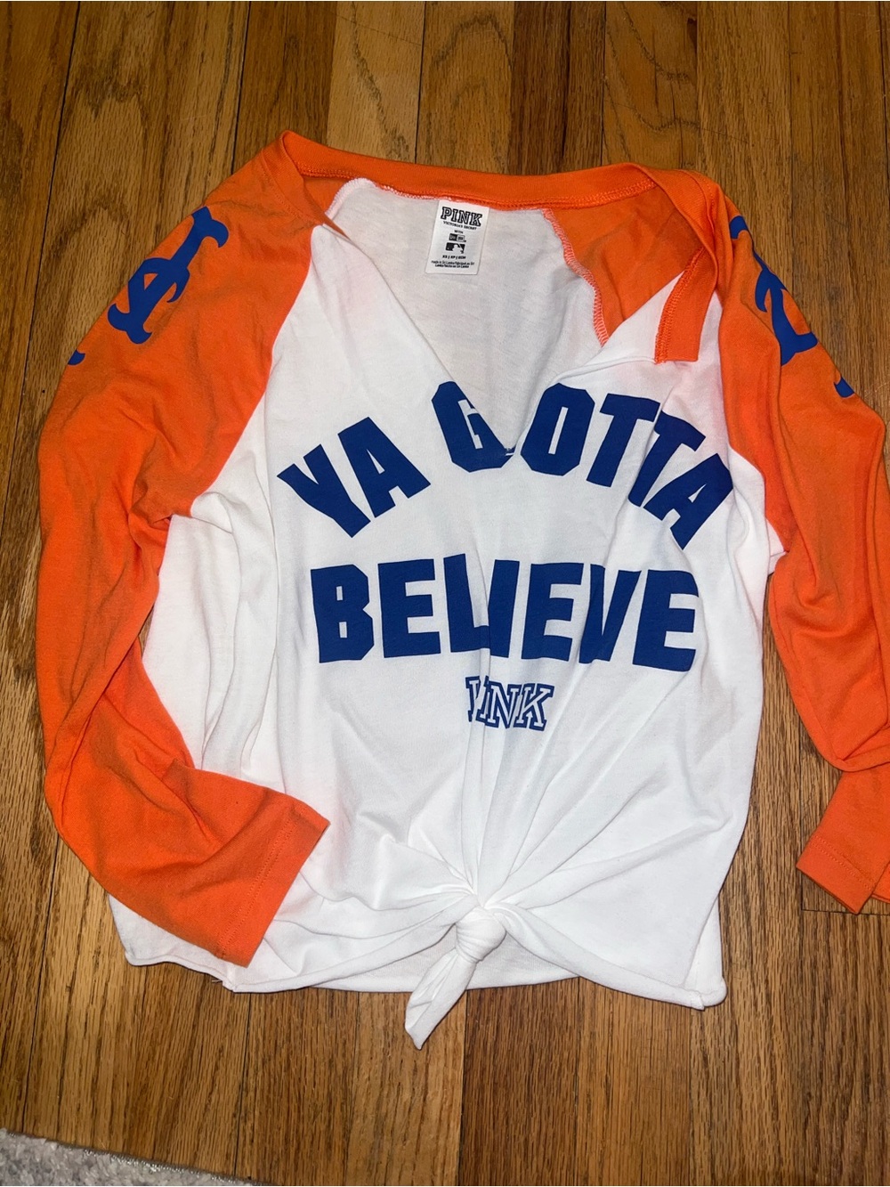 PINK Victoria's Secret White Tee with Orange Trim and Blue Graphic